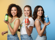 Load image into Gallery viewer, three women holding 92+ Iron Health Bundle supplement bottles with colorful backgrounds