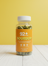 Load image into Gallery viewer, Bottle of 92+ Soursop capsules dietary supplement for immunity and digestion support with antioxidants, vegan and gluten-free, 90 capsules.
