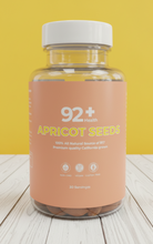 Load image into Gallery viewer, Bottle of 92+ Health Apricot Seeds supplement with natural B17, vegan and gluten-free, 30 servings
